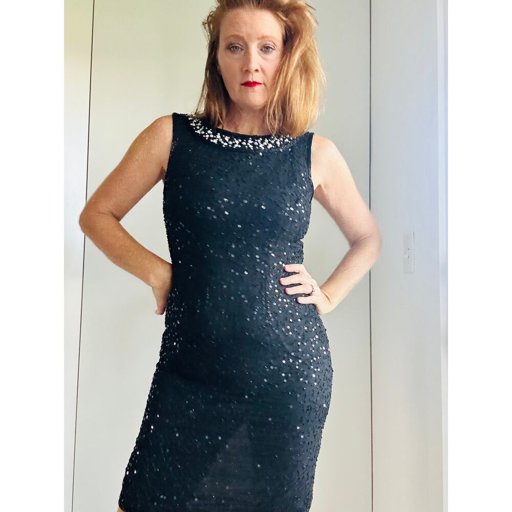 VTG 90s Silk Beaded Dress M LBD Cocktail Sheath Embellished Formal - Picture 12 of 14